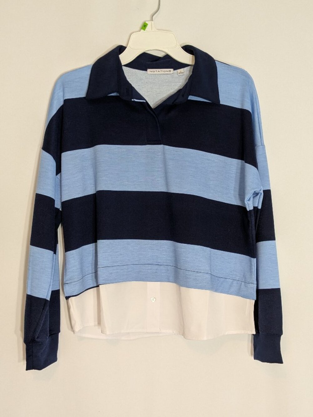 NOTATIONS Navy Blue Striped Long Sleeve Knit Polo Top; Size L